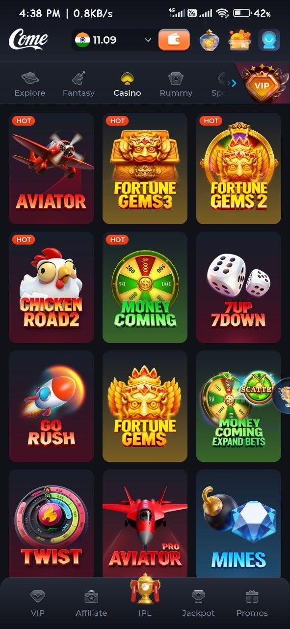 Come Game casino app dashboard with Aviator, Fortune Gems, Chicken Road, Mines and real money casino games online India